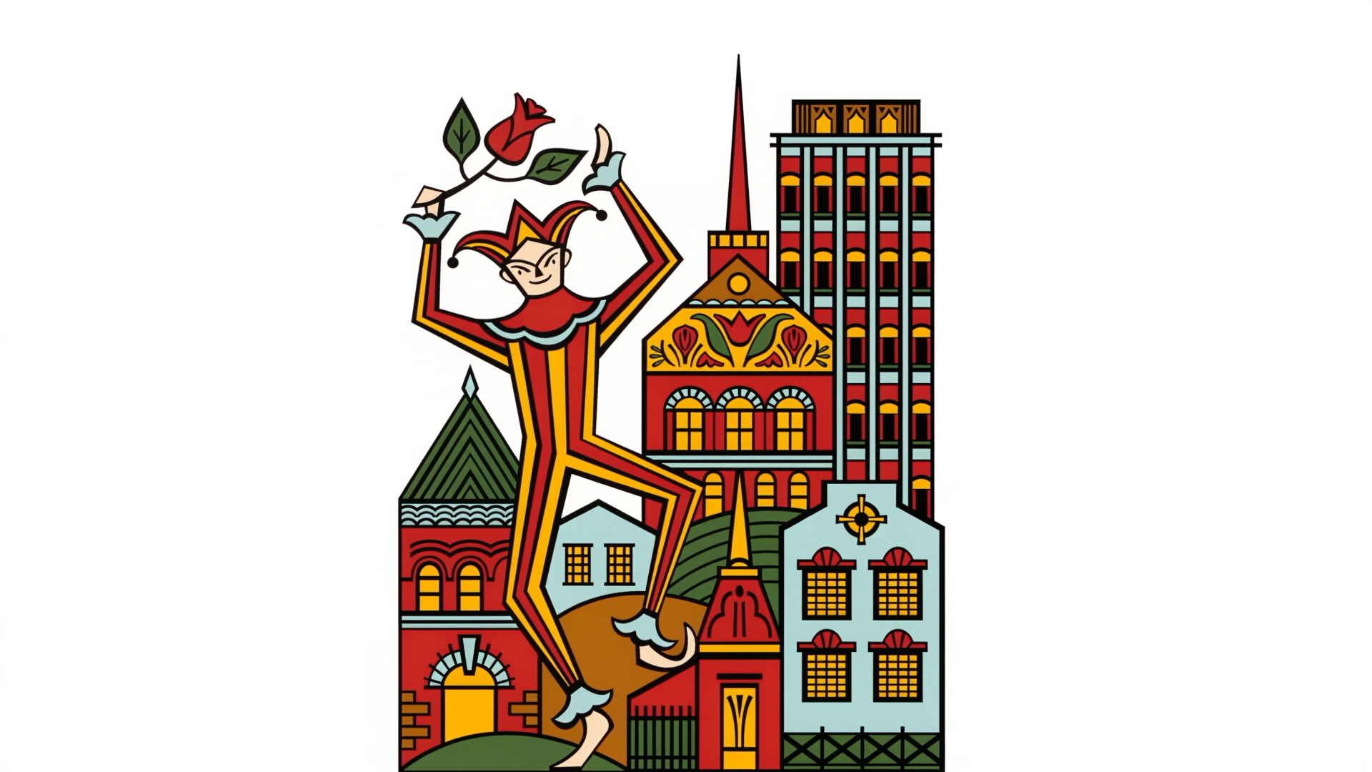 A playful jester holding a rose in front of Lancaster’s colorful cityscape.